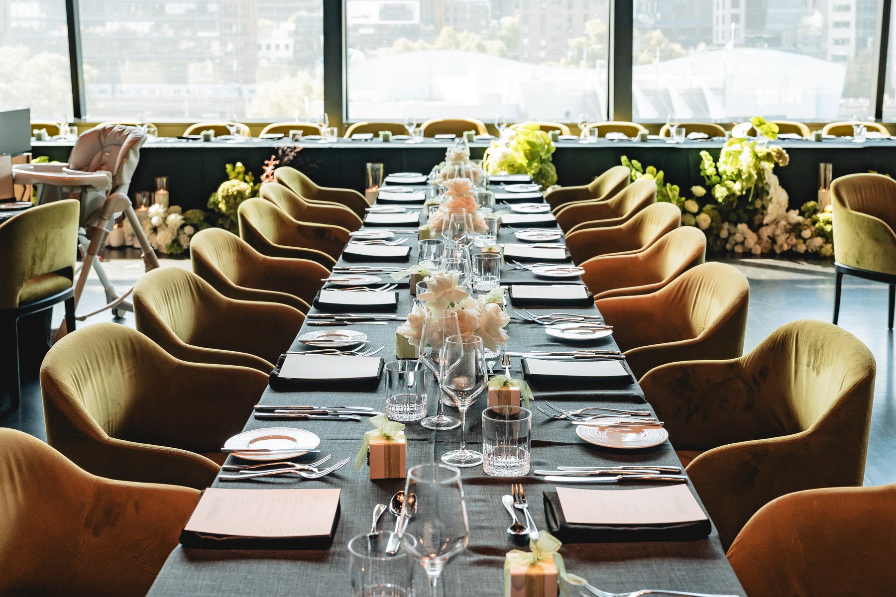 Crown Melbourne wedding — long table reception styling at Crown Evergreen, by C2 Films