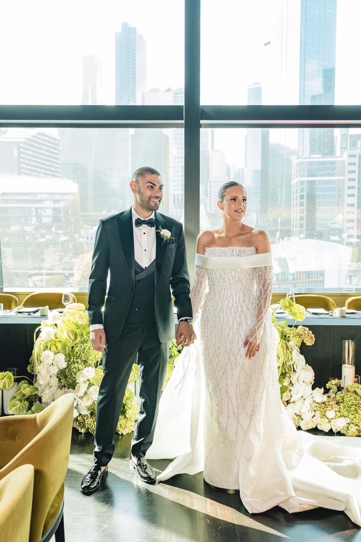 Crown Melbourne wedding — couple at Crown Evergreen, Southbank, by C2 Films