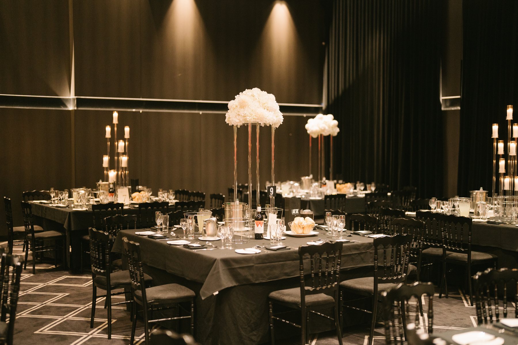 Lakeside Receptions wedding — the Lakeview Ballroom set for a reception, Taylors Lakes, by C2 Films