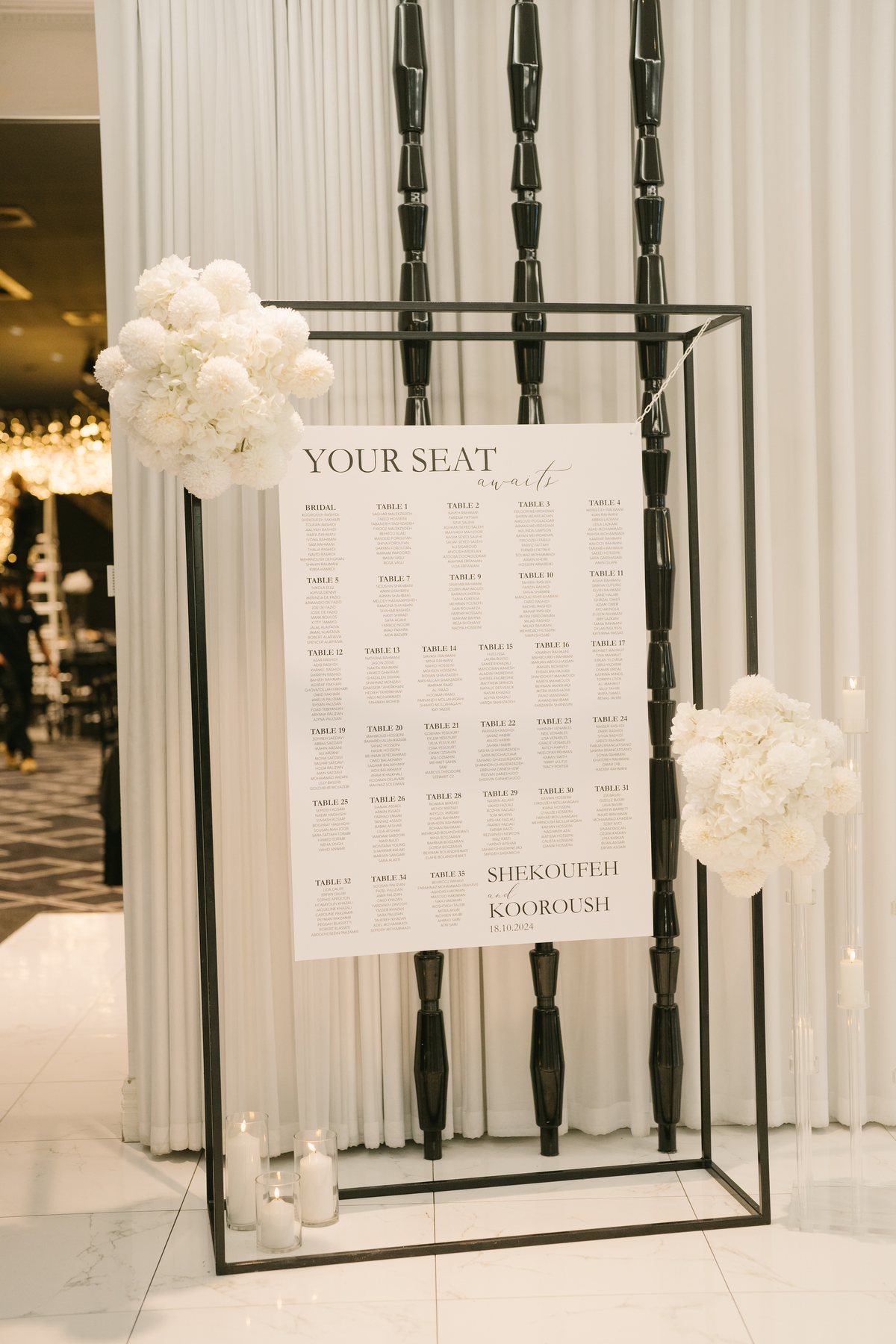 Lakeside Receptions wedding — seating chart and styling detail, photographed by C2 Films