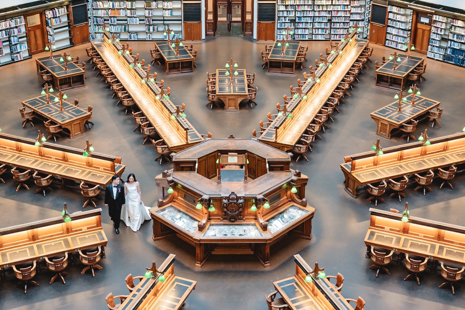 State Library Victoria wedding — the La Trobe Reading Room dome and radiating desks from the upper balcony, by C2 Films