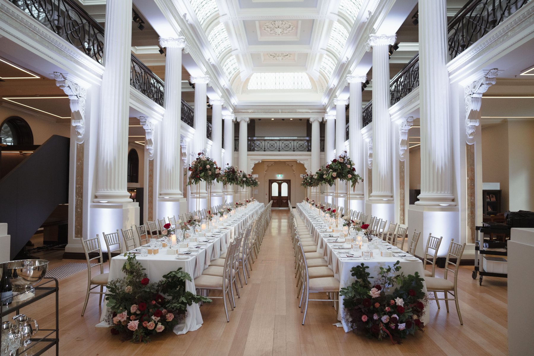 State Library Victoria wedding — Queen's Hall set for dinner, photographed by C2 Films