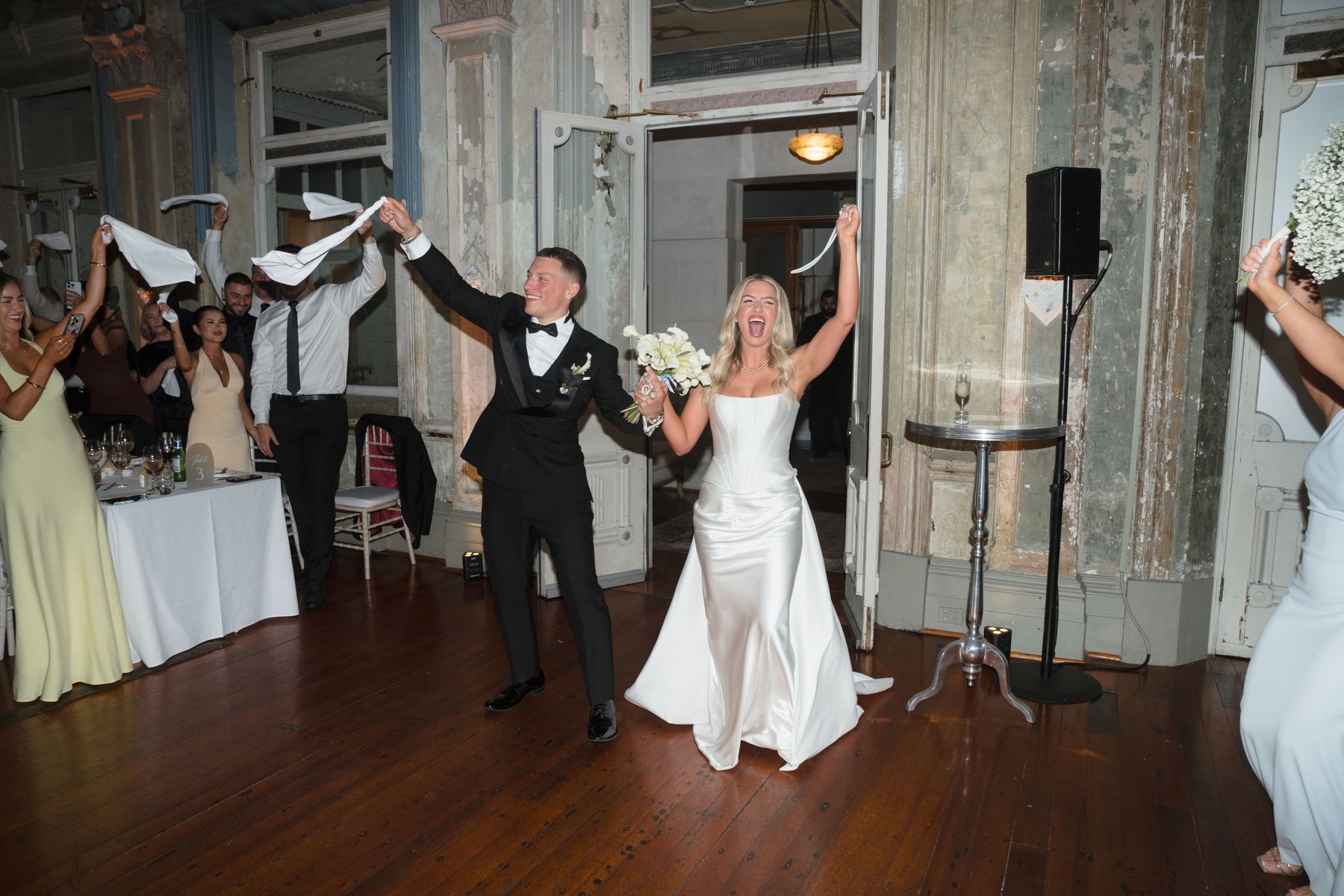 Jacob and Olivia — celebrating at the reception at The George Ballroom, St Kilda, Melbourne wedding photography by C2 Films