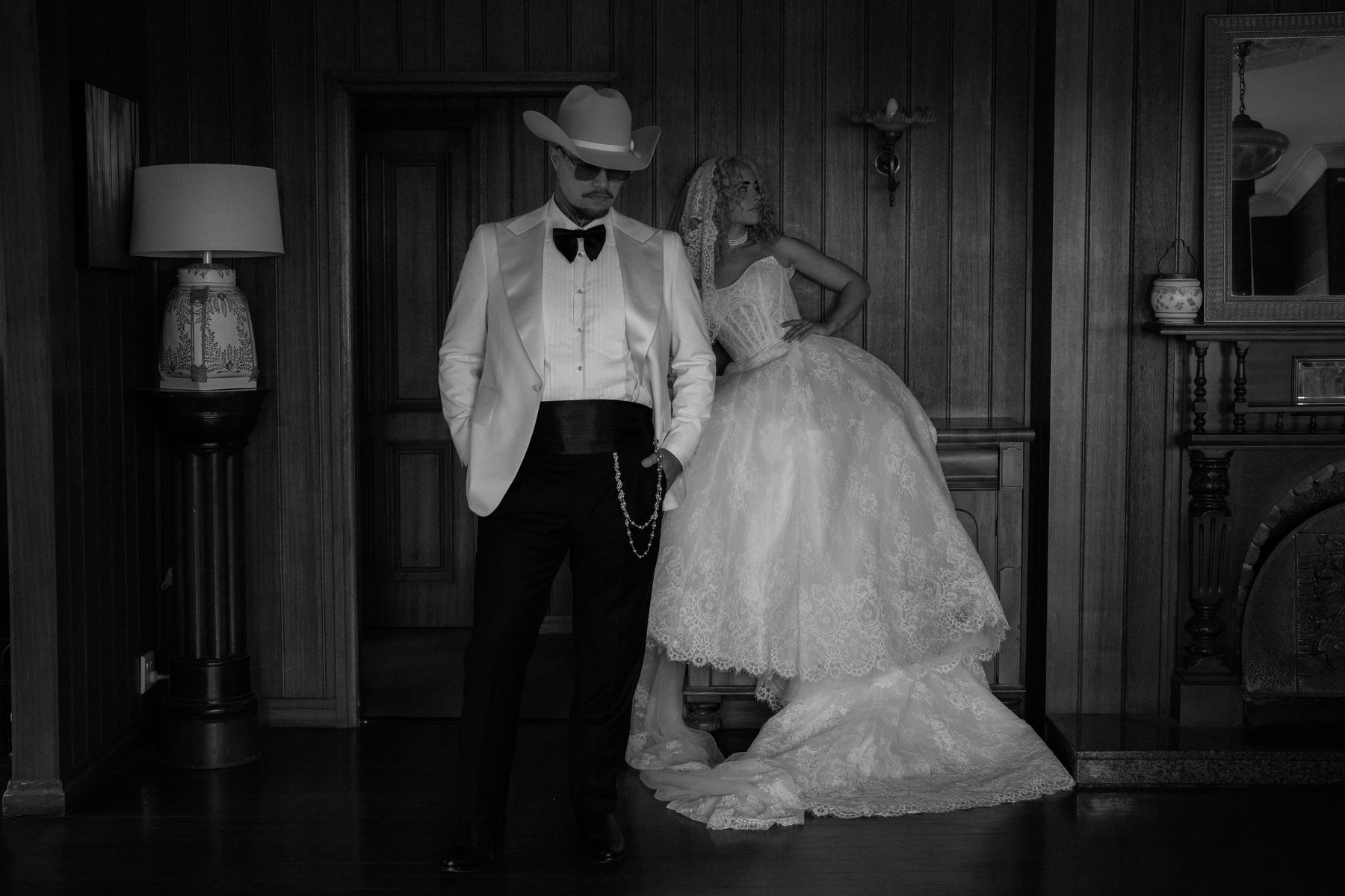 Kaleb and Monique in the hallway before the ceremony at Rosewood Estate, Beechmont QLD — wedding photography by C2 Films
