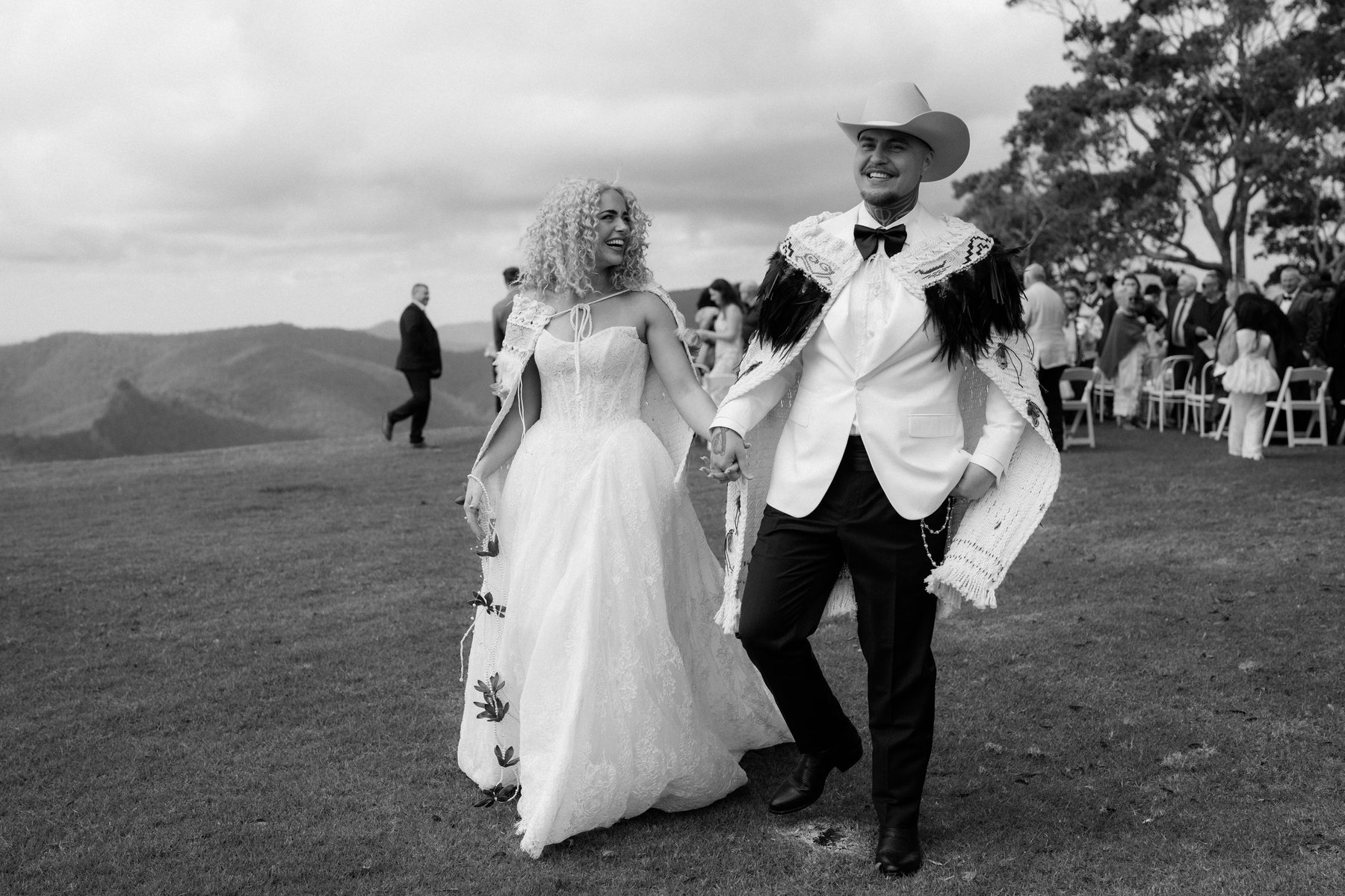 Kaleb and Monique after the ceremony, black and white, at Rosewood Estate, Beechmont QLD — wedding photography by C2 Films