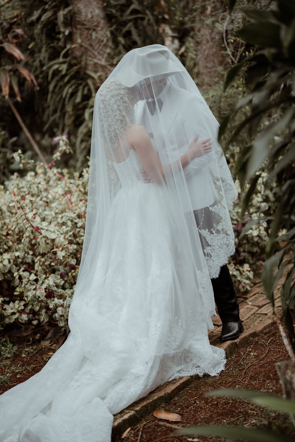 Monique's veil over her gown among the foliage at Rosewood Estate, Beechmont QLD — wedding photography by C2 Films