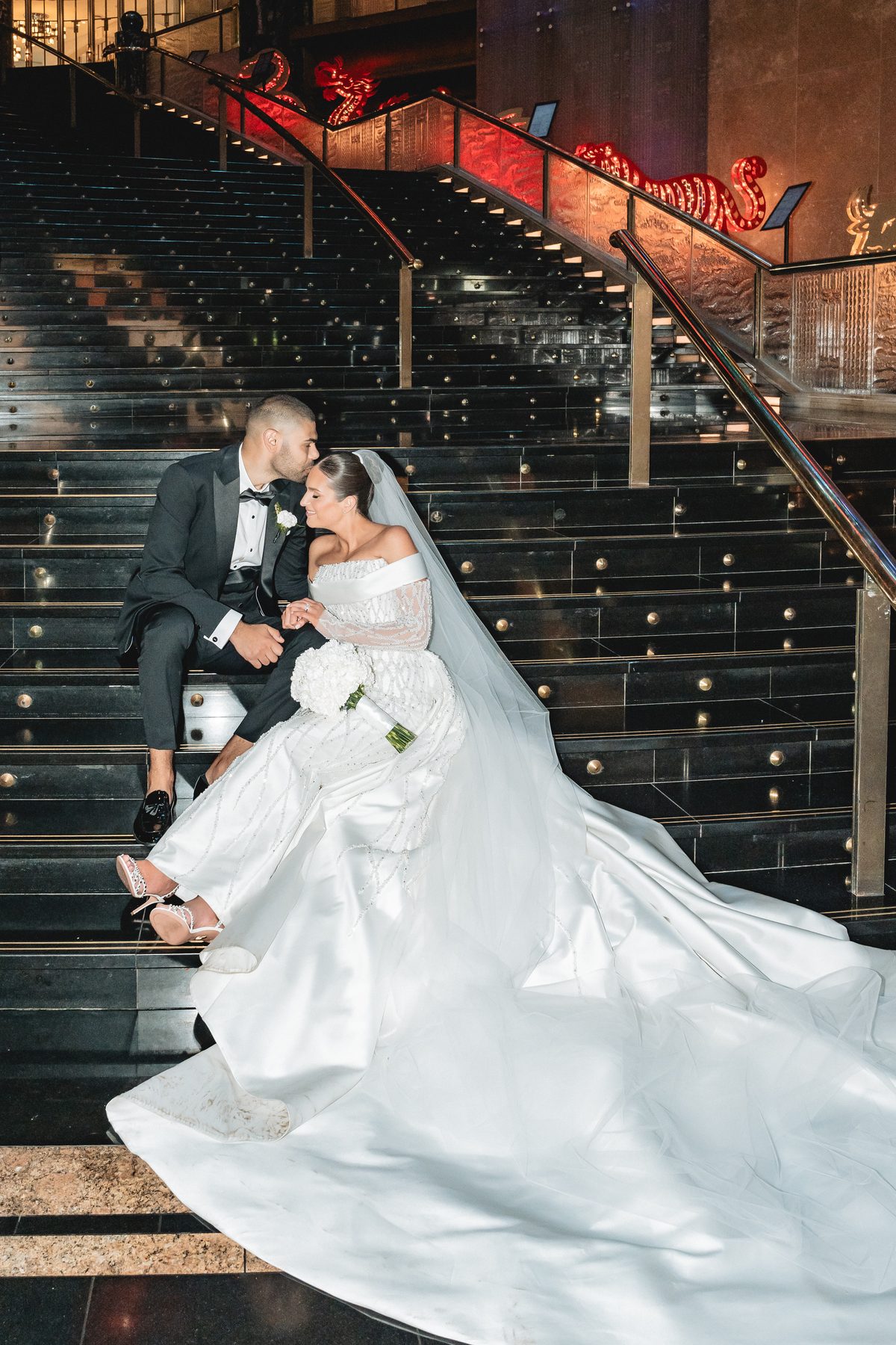 Mo and Elyse — portrait session after the ceremony on their wedding day at Crown Evergreen, Southbank, by C2 Films